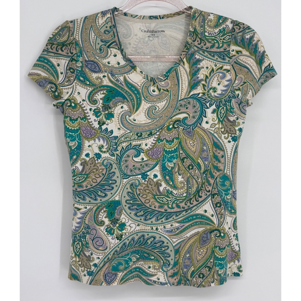 Croft‎ & Barrow Womens Teal Purple Paisley V-Neck 100% Cotton T-Shirt Tee Sz XS